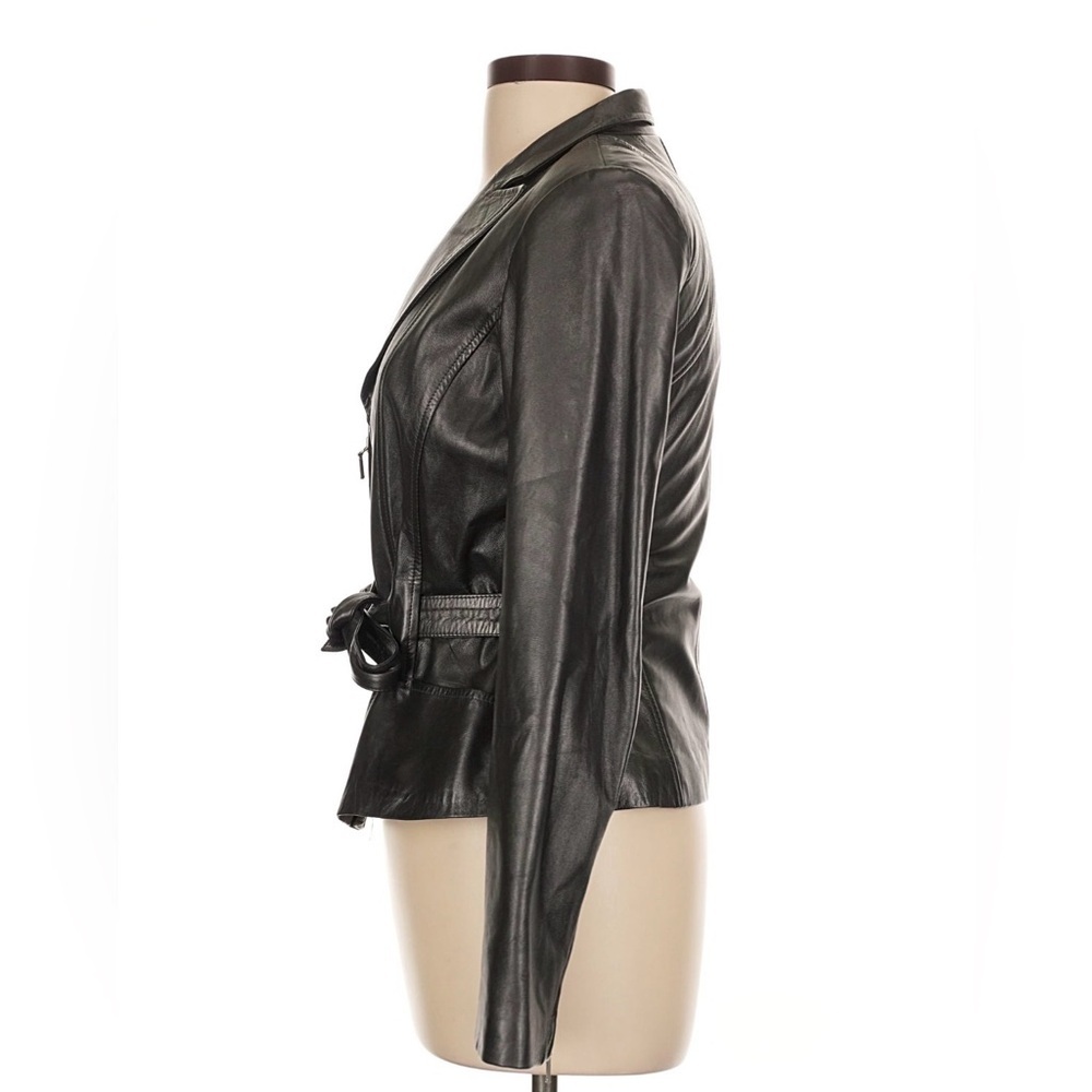 Cache Lamb Leather Jacket Motto Belted Tie 10 Vintage 90s Blazer Fitted Short M - Picture 4 of 10